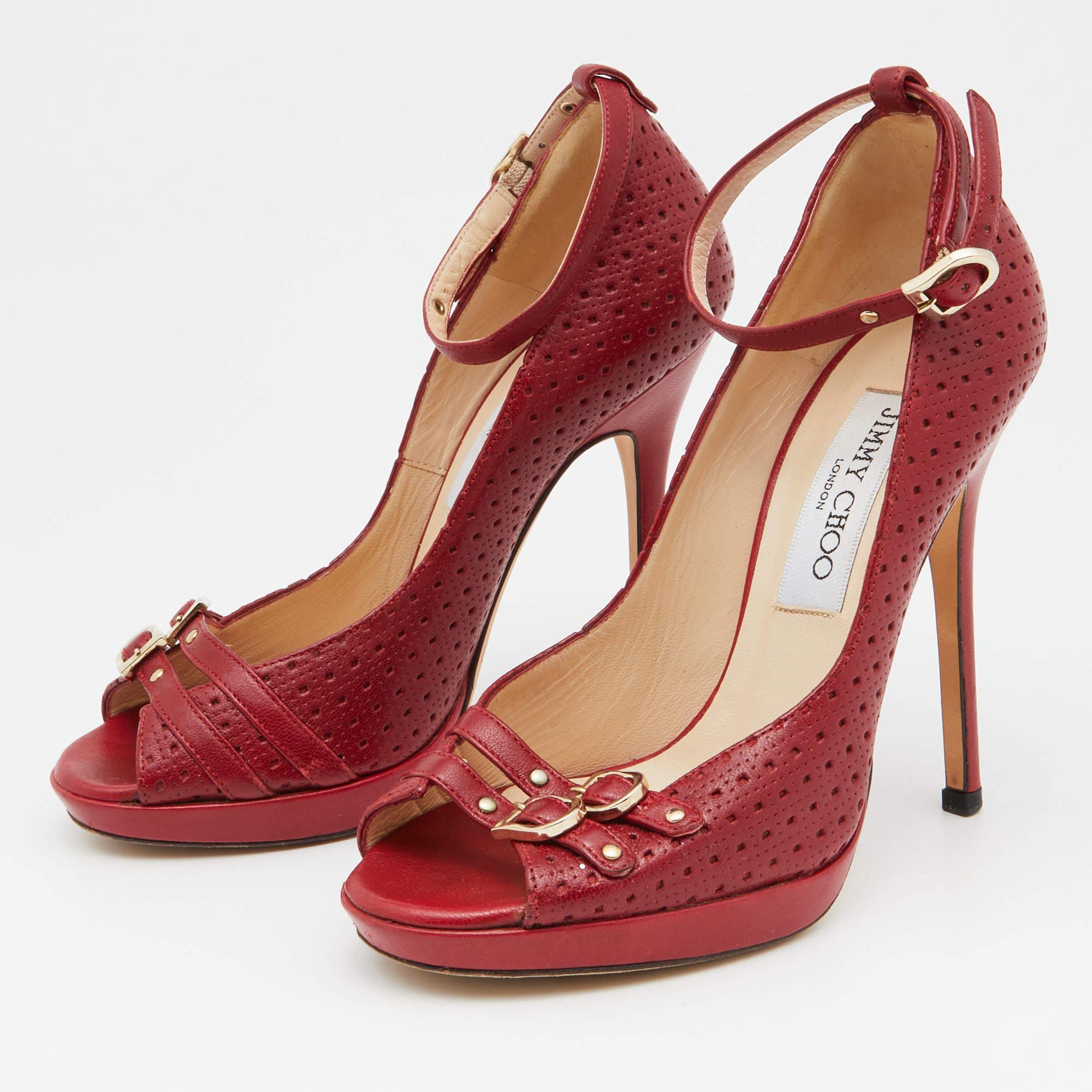 Jimmy Choo Red Perforated Leather Peep Toe Pumps Size 35 2