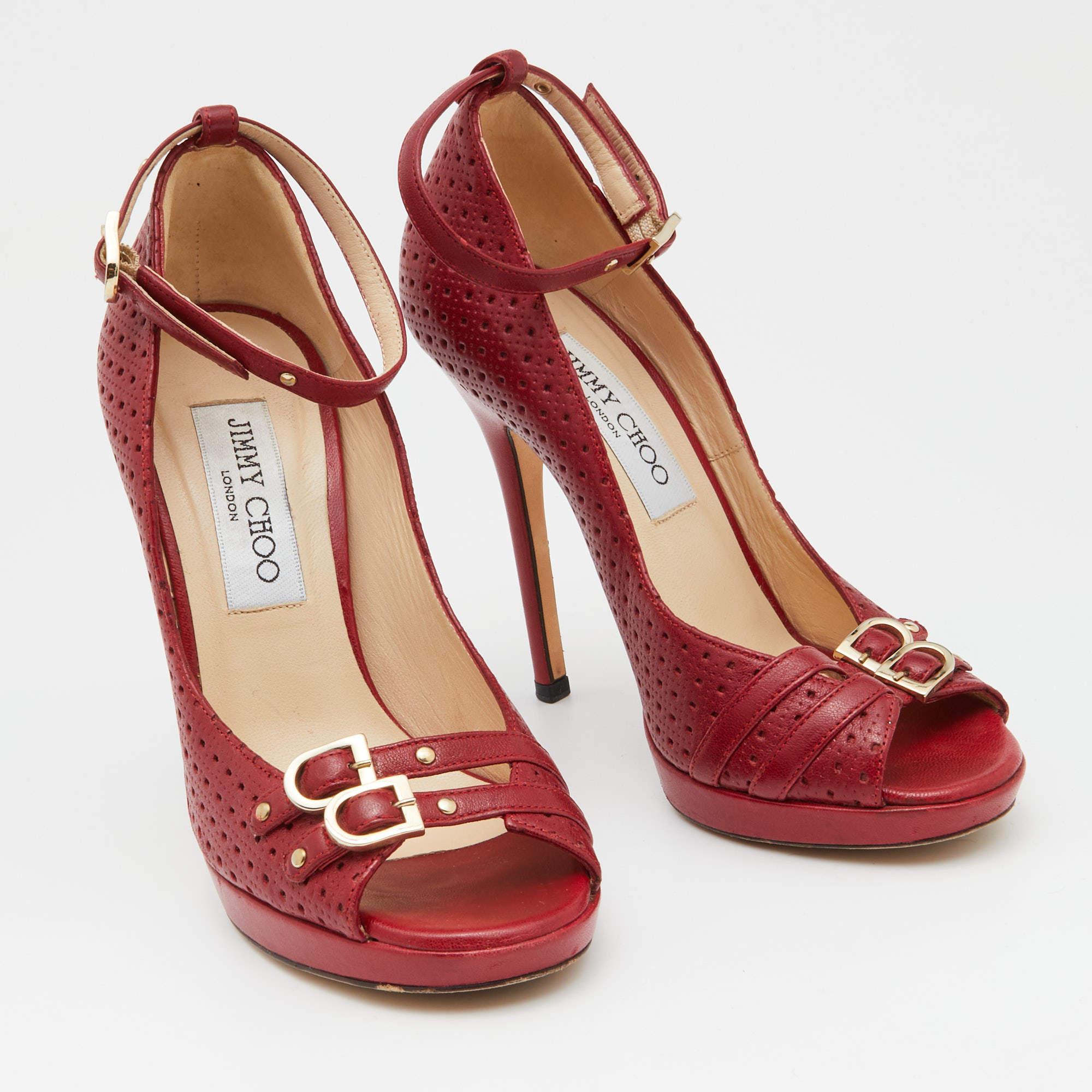 Jimmy Choo Red Perforated Leather Peep Toe Pumps Size 35 3