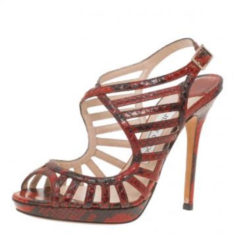 Marron Jimmy Choo - Sandales à plateforme Keenan en python rouge, taille 37,5 en vente