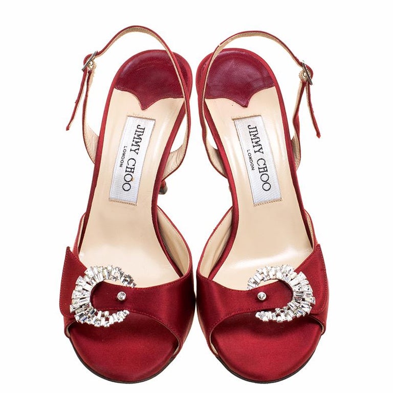 Jimmy Choo Red Satin Crystal Embellished Slingback Sandals Size 37.5 ...