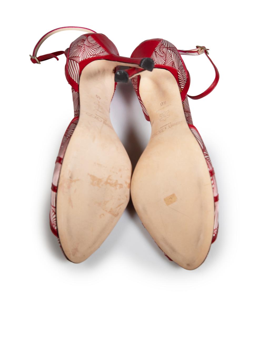 Jimmy Choo Red Satin Printed Peep-Toe Heels Size IT 40 In Good Condition In London, GB