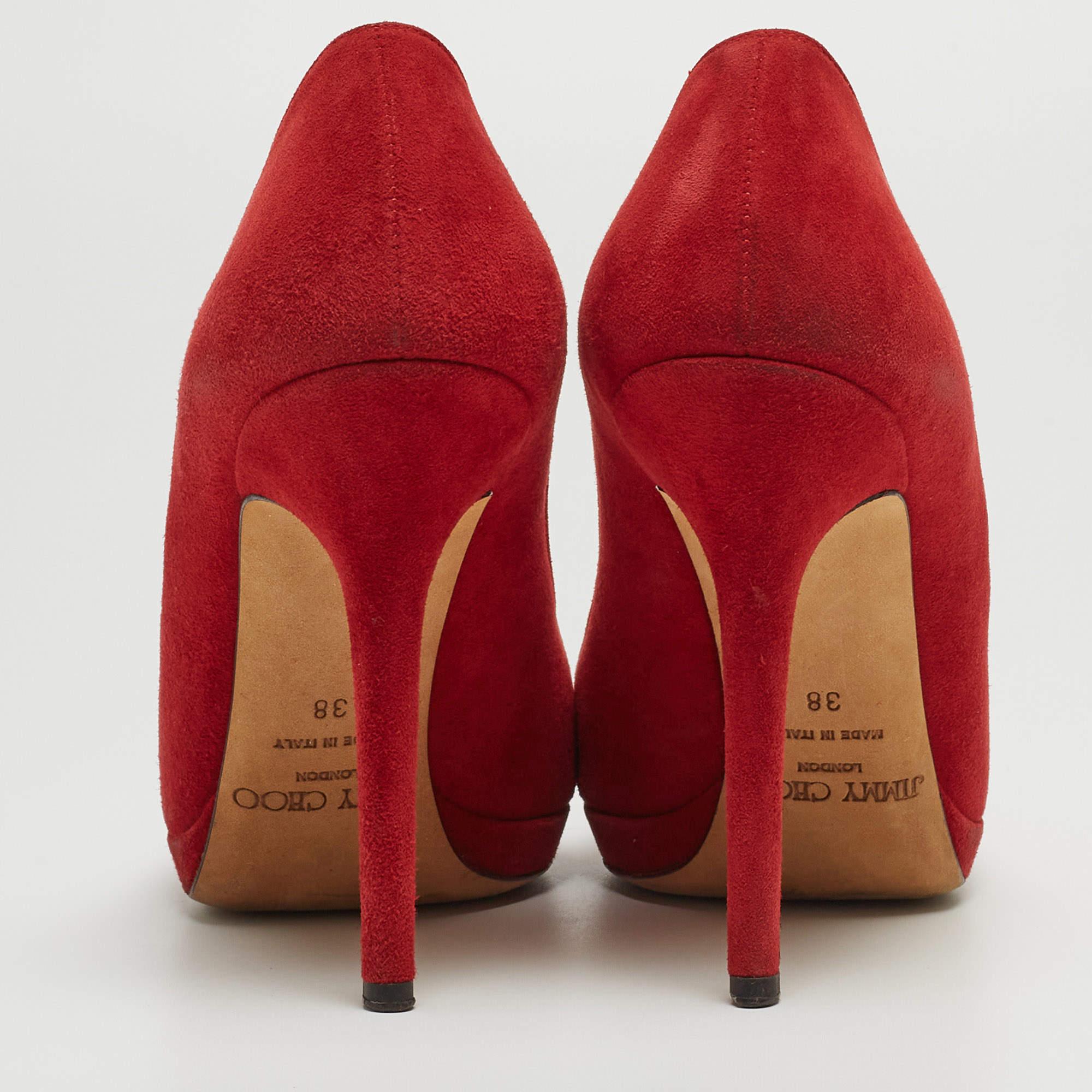 Jimmy Choo Red Suede Aimee Platform Pumps Size 38 In Good Condition For Sale In Dubai, Al Qouz 2