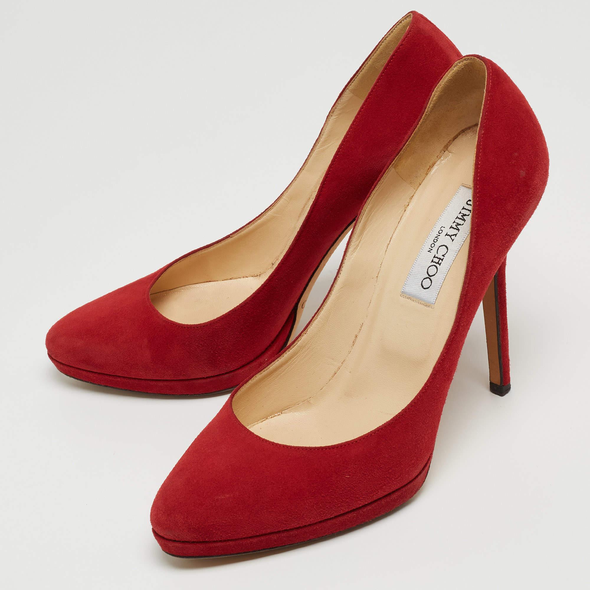 Women's Jimmy Choo Red Suede Aimee Platform Pumps Size 38 For Sale