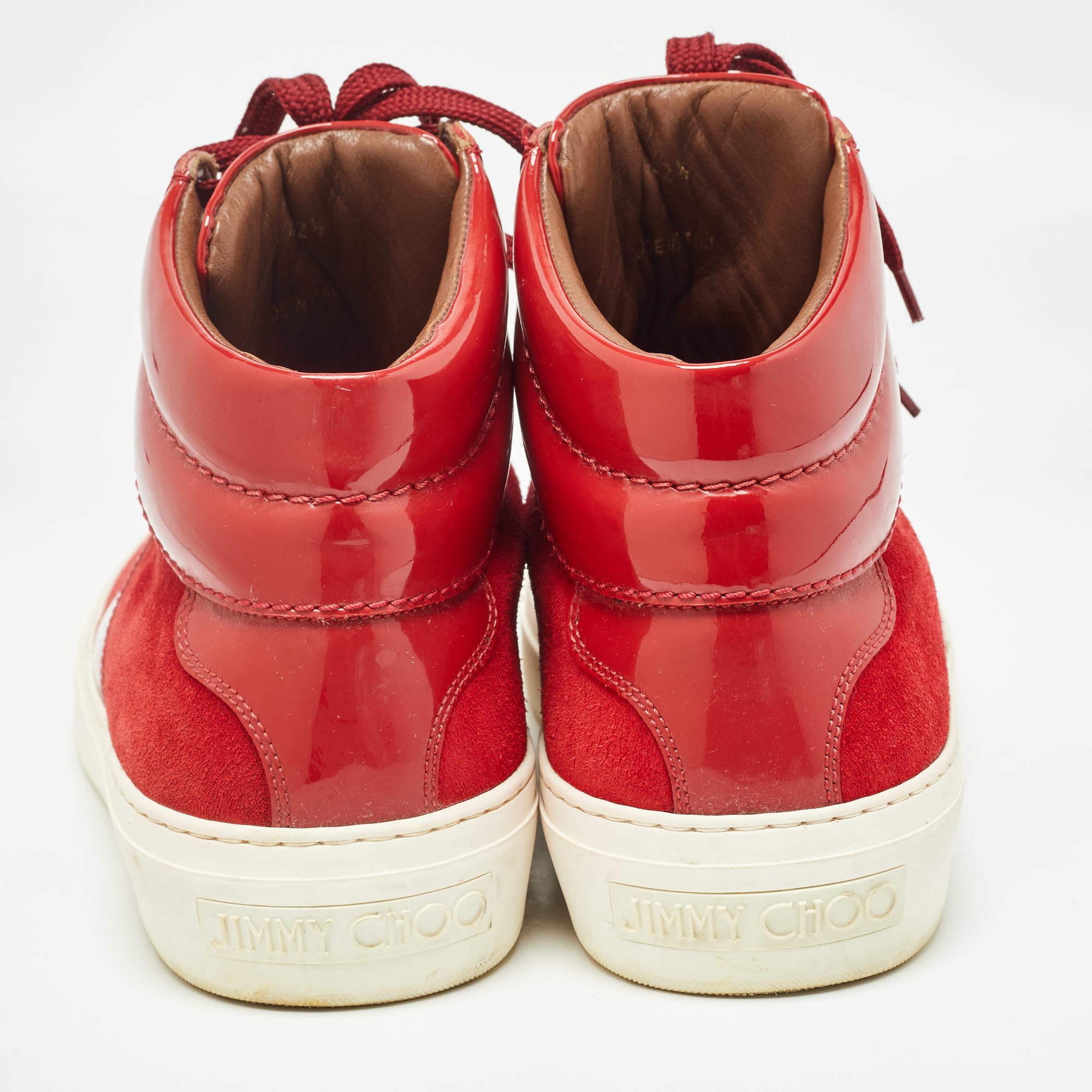 Jimmy Choo - Baskets montantes en daim et vernis rouge - Taille 42,5 Pour hommes en vente