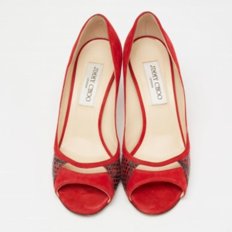 Women's Jimmy Choo Red Suede And Snakeskin Peep Toe Pumps Size 37.5 For Sale