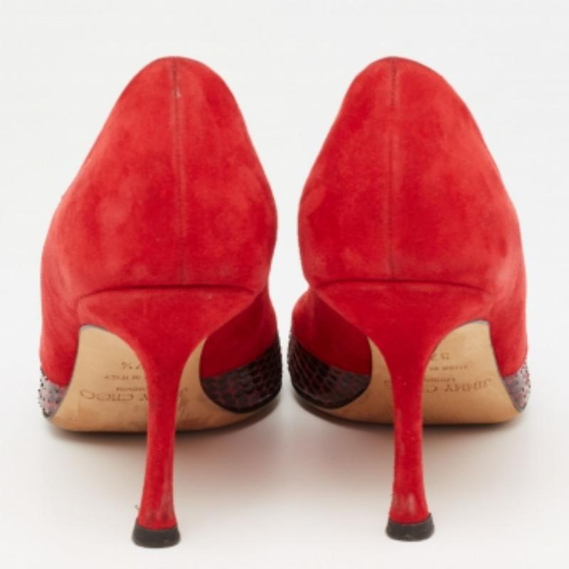 Jimmy Choo Red Suede And Snakeskin Peep Toe Pumps Size 37.5 For Sale 1