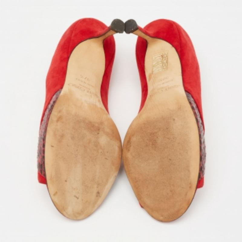 Jimmy Choo Red Suede And Snakeskin Peep Toe Pumps Size 37.5 For Sale 2
