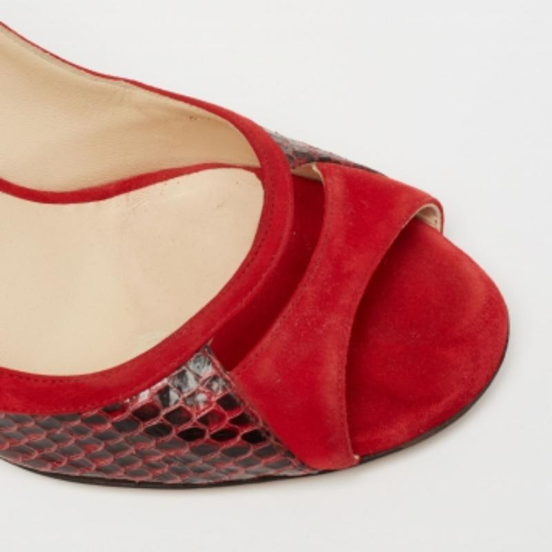 Jimmy Choo Red Suede And Snakeskin Peep Toe Pumps Size 37.5 For Sale 3