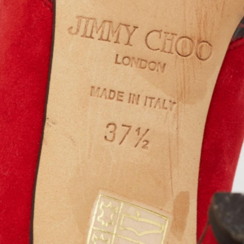Jimmy Choo Red Suede And Snakeskin Peep Toe Pumps Size 37.5 For Sale 4