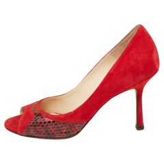 Jimmy Choo Red Suede And Snakeskin Peep Toe Pumps Size 37.5