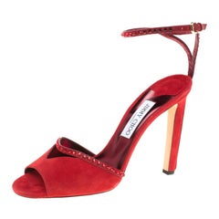 Jimmy Choo Red Suede Kara Crystal Embellished Ankle Strap Peep Toe Sandals 41