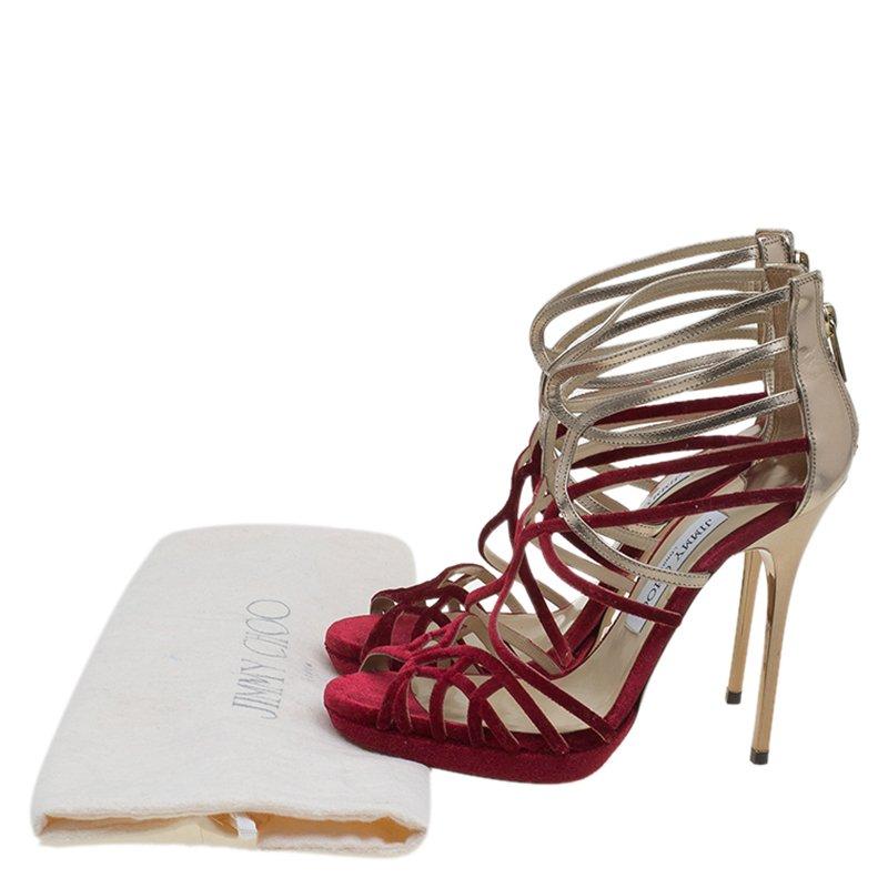 Jimmy Choo Red Velvet & Gold Leather Maury Strappy Sandals Size 37 2