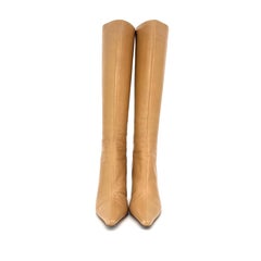 Jimmy Choo Retro Vintage Camel Knee High Back Heel Zip Up Pointed Toe Boots 38