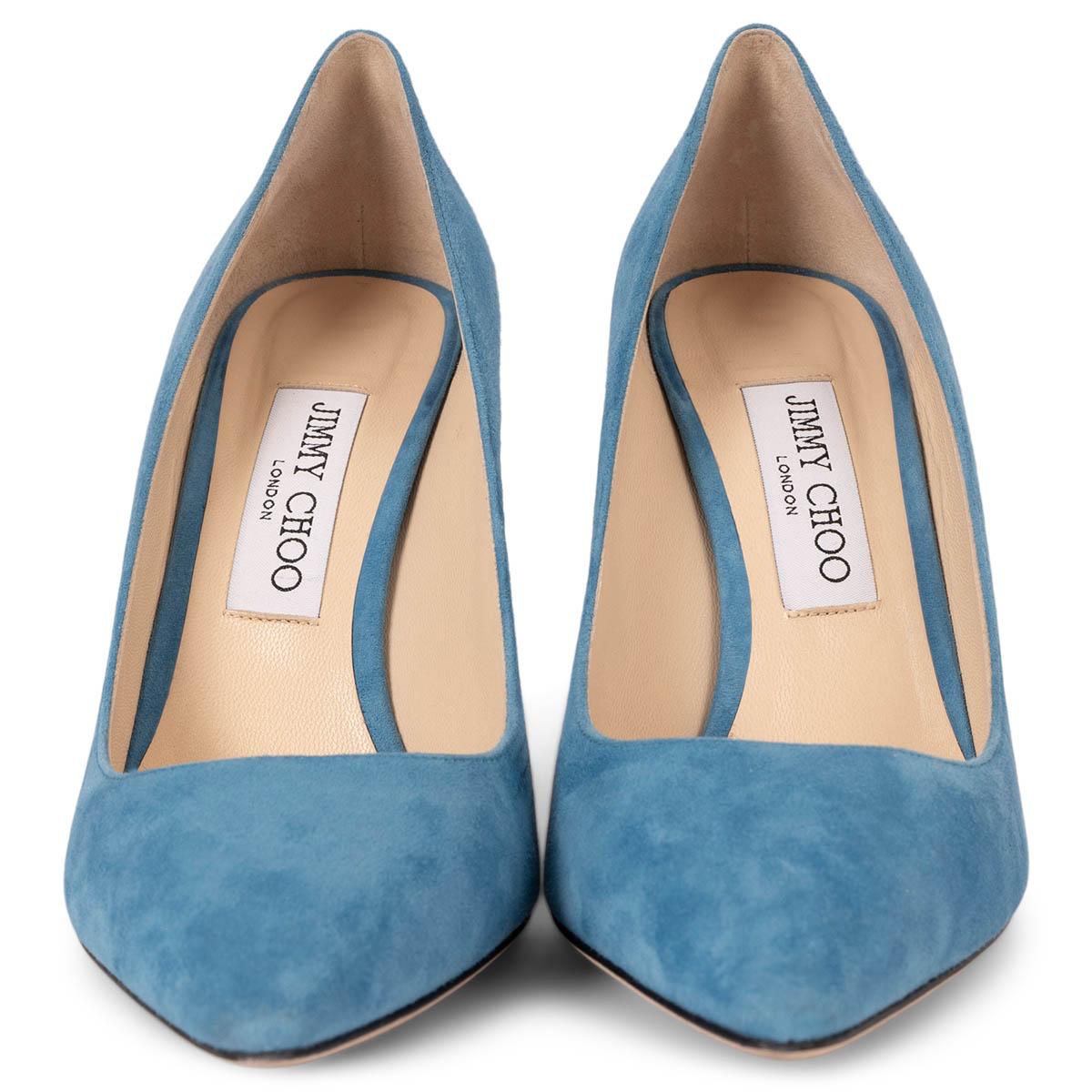 100% authentic Jimmy Choo Romy 100 in robot blue suede with a pointed-toe. Have been worn and are in excellent condition. 

Measurements
Imprinted Size	38.5
Shoe Size	38.5
Inside Sole	25.5cm (9.9in)
Width	7.5cm (2.9in)
Heel	10cm (3.9in)

All our