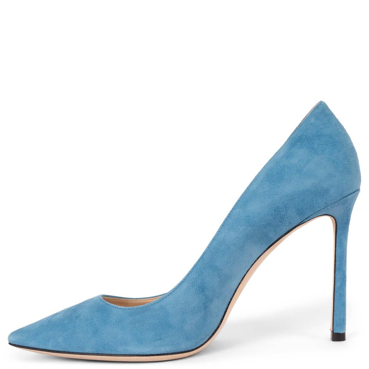 Women's JIMMY CHOO Robot blue suede ROMY 100 Pumps Shoes 38.5 For Sale