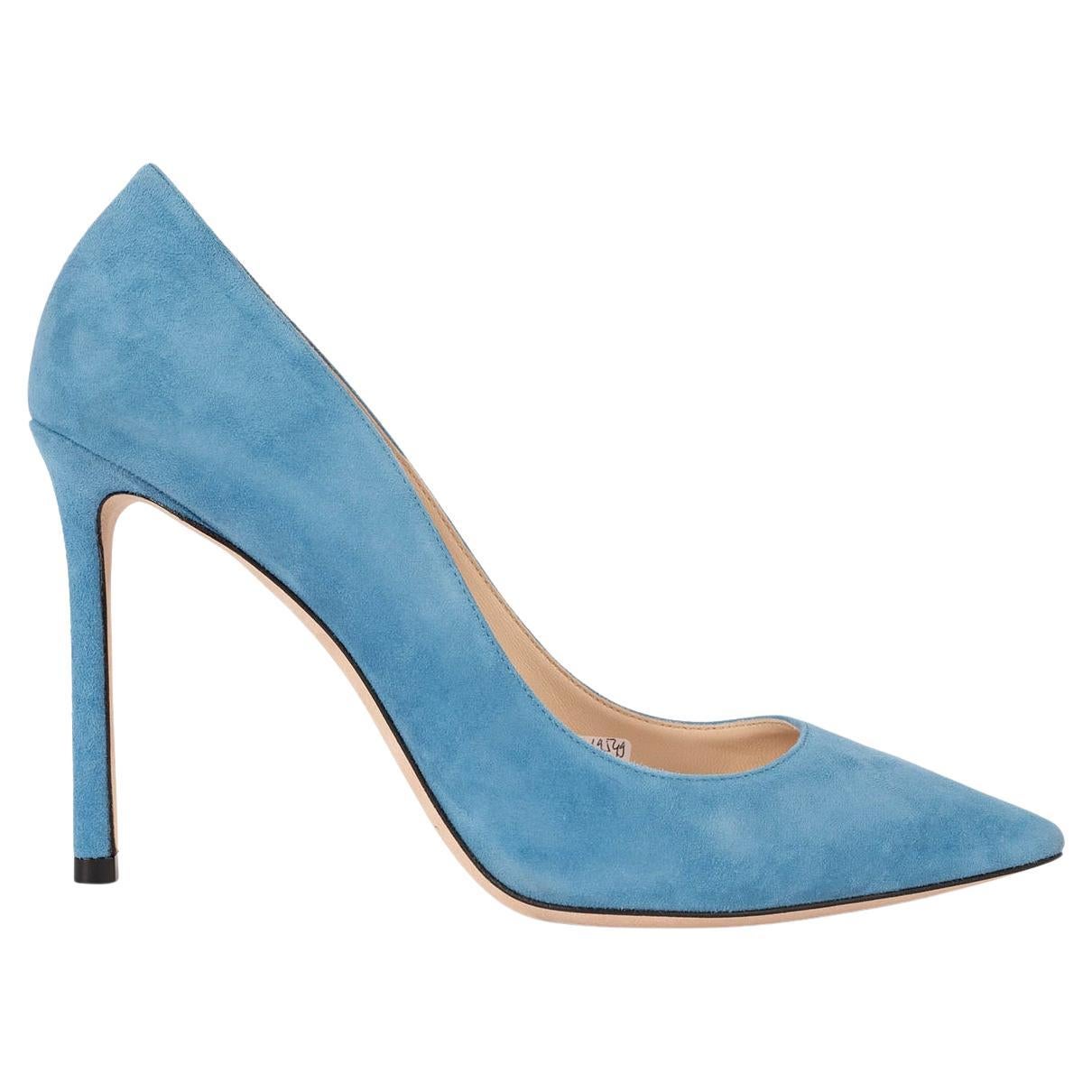 JIMMY CHOO Robot blue suede ROMY 100 Pumps Shoes 38.5 For Sale