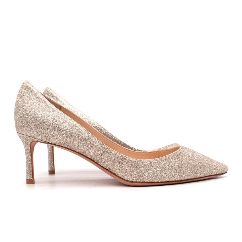 Jimmy Choo Romy 60 Dusty Glitter Point Toe Kitten Heeled Pumps
 

 - Romy pump rendered in a dusty silver-tone all-over glitter
 - Point toe, set on a kitten heel
 - Leather lined with a leather sole.
 

 Materials 
 Leather 
 Sparkles 
 

 Made in