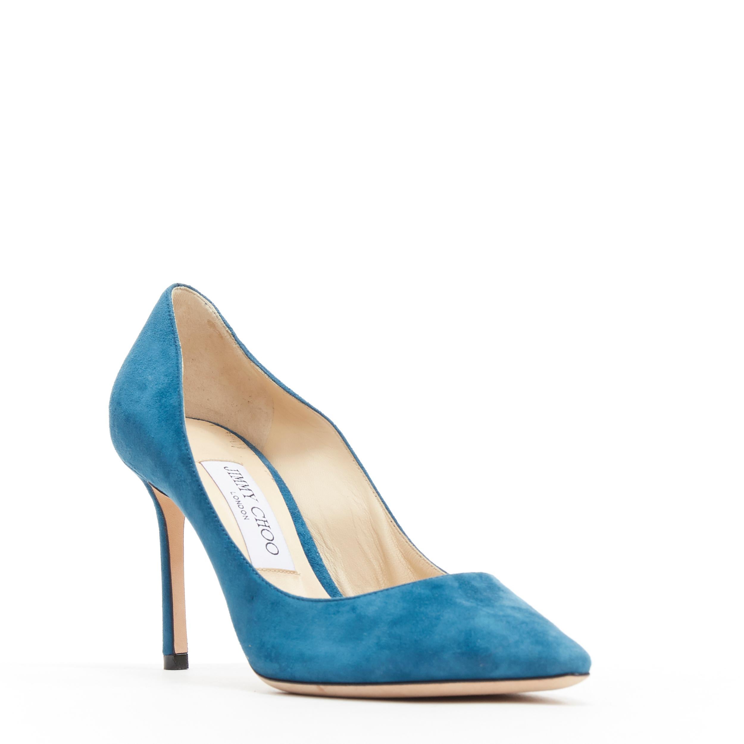 JIMMY CHOO Romy 85 teal blue suede leather point toe pigalle pump EU37
Brand: Jimmy Choo
Model Name / Style: Romy 85
Material: Suede
Color: Blue
Pattern: Solid
Extra Detail: High (3-3.9 in) heel height. Pointed toe. Slim heel.
Made in: