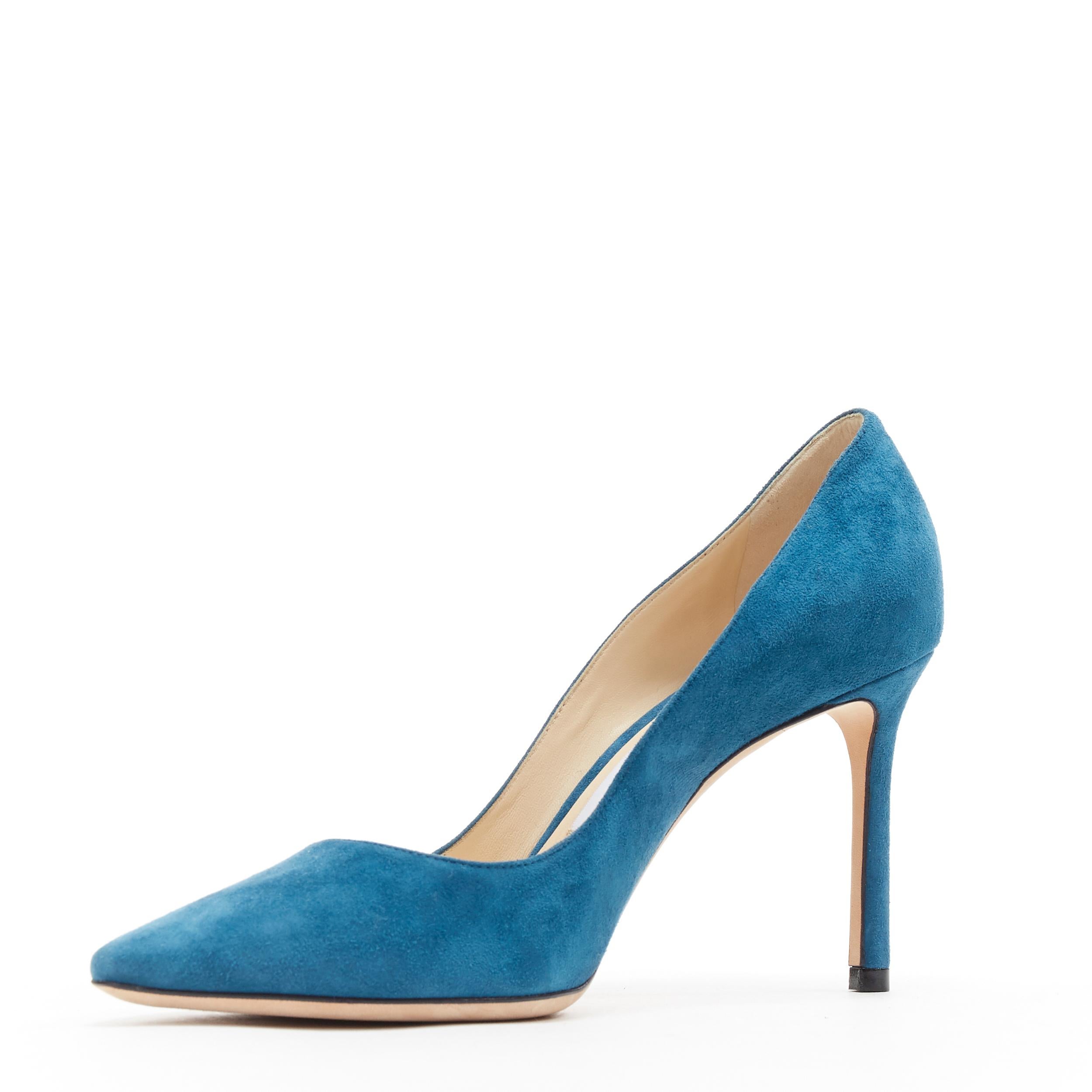 Blue JIMMY CHOO Romy 85 teal blue suede leather point toe pigalle pump EU37