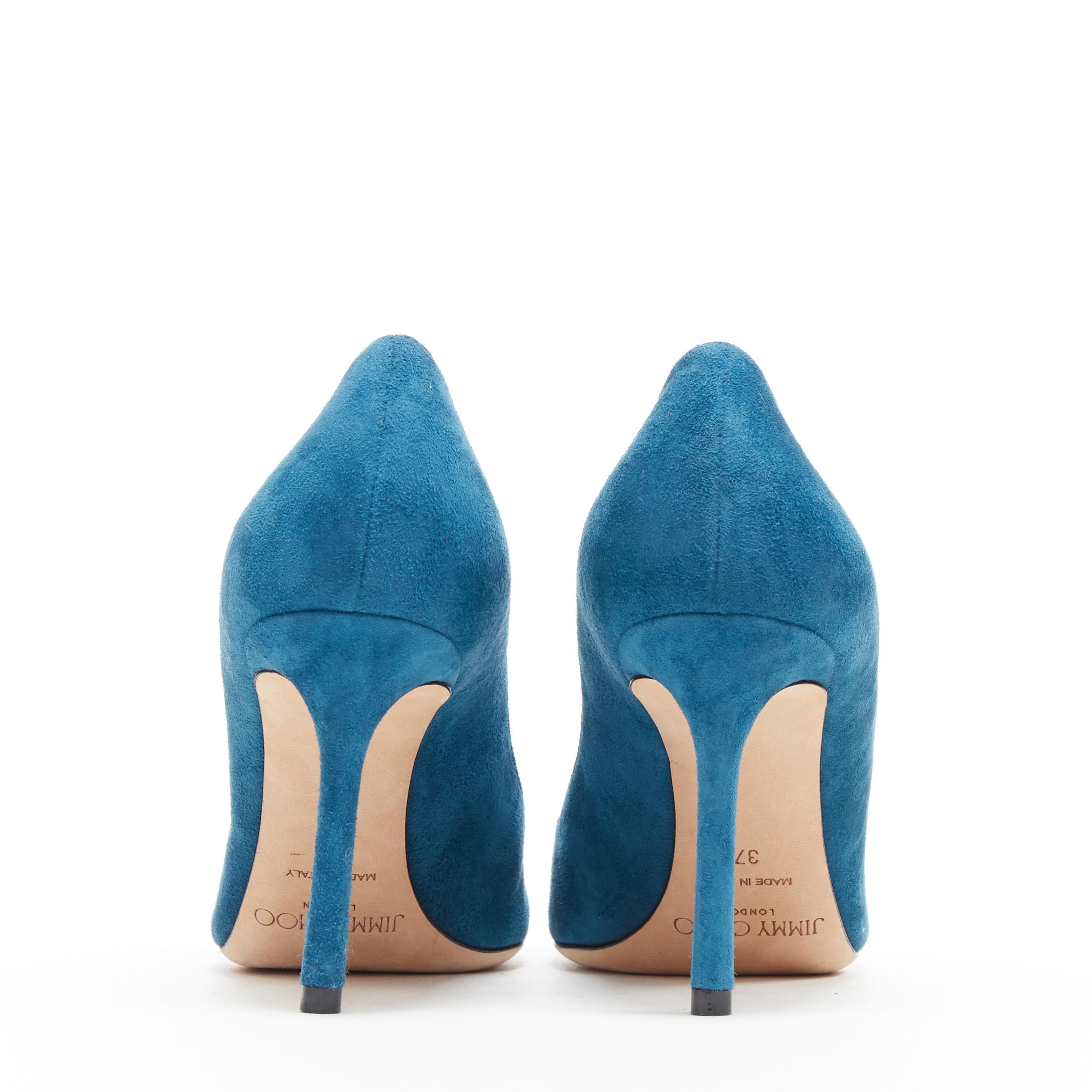 JIMMY CHOO Romy 85 teal blue suede leather point toe pigalle pump EU37 In Excellent Condition In Hong Kong, NT