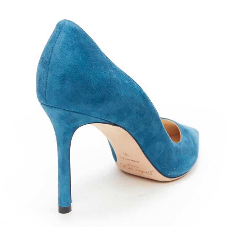 JIMMY CHOO Romy 85 teal blue suede leather point toe pigalle pump EU37 4