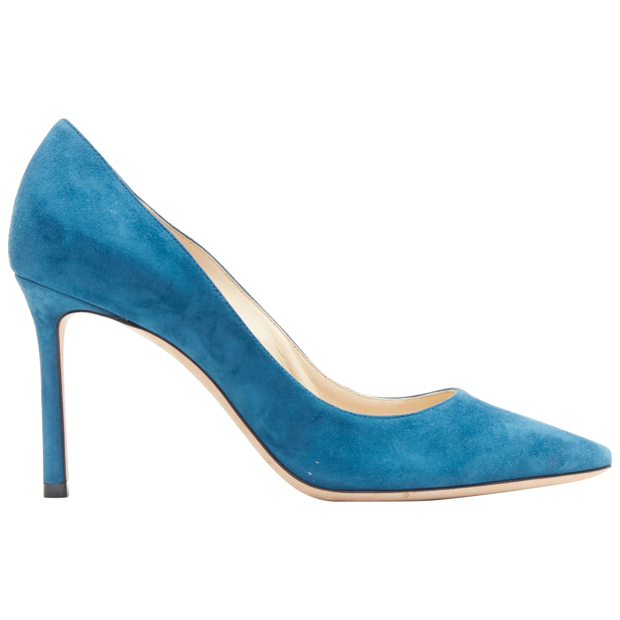 JIMMY CHOO Romy 85 teal blue suede leather point toe pigalle pump EU37
