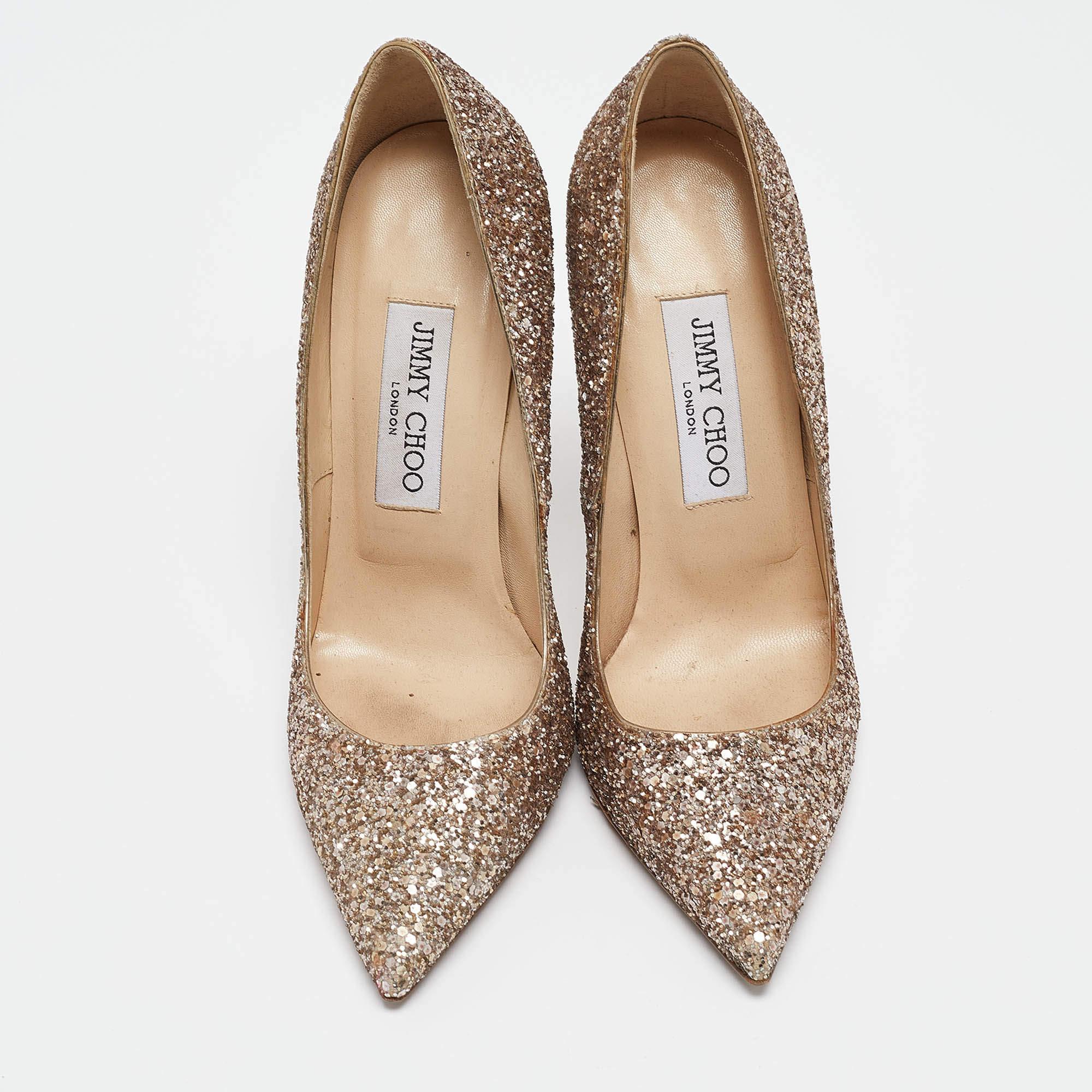 Brown Jimmy Choo Rose Gold Coarse Glitter Romy Pumps Size 36
