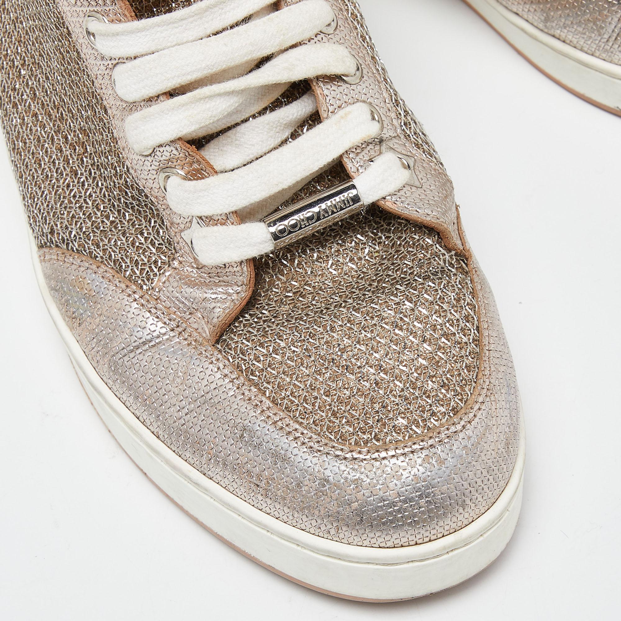 Women's Jimmy Choo Rose Gold Leather and Glitter Miami High Top Sneakers Size 36 For Sale