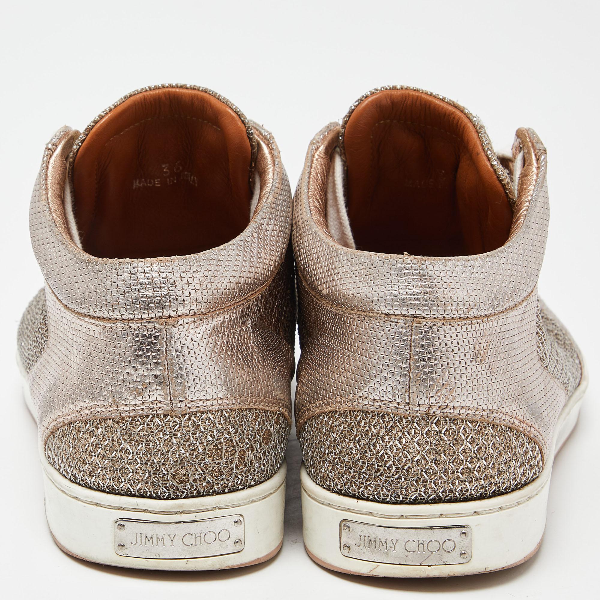 Jimmy Choo Rose Gold Leather and Glitter Miami High Top Sneakers Size 36 For Sale 2