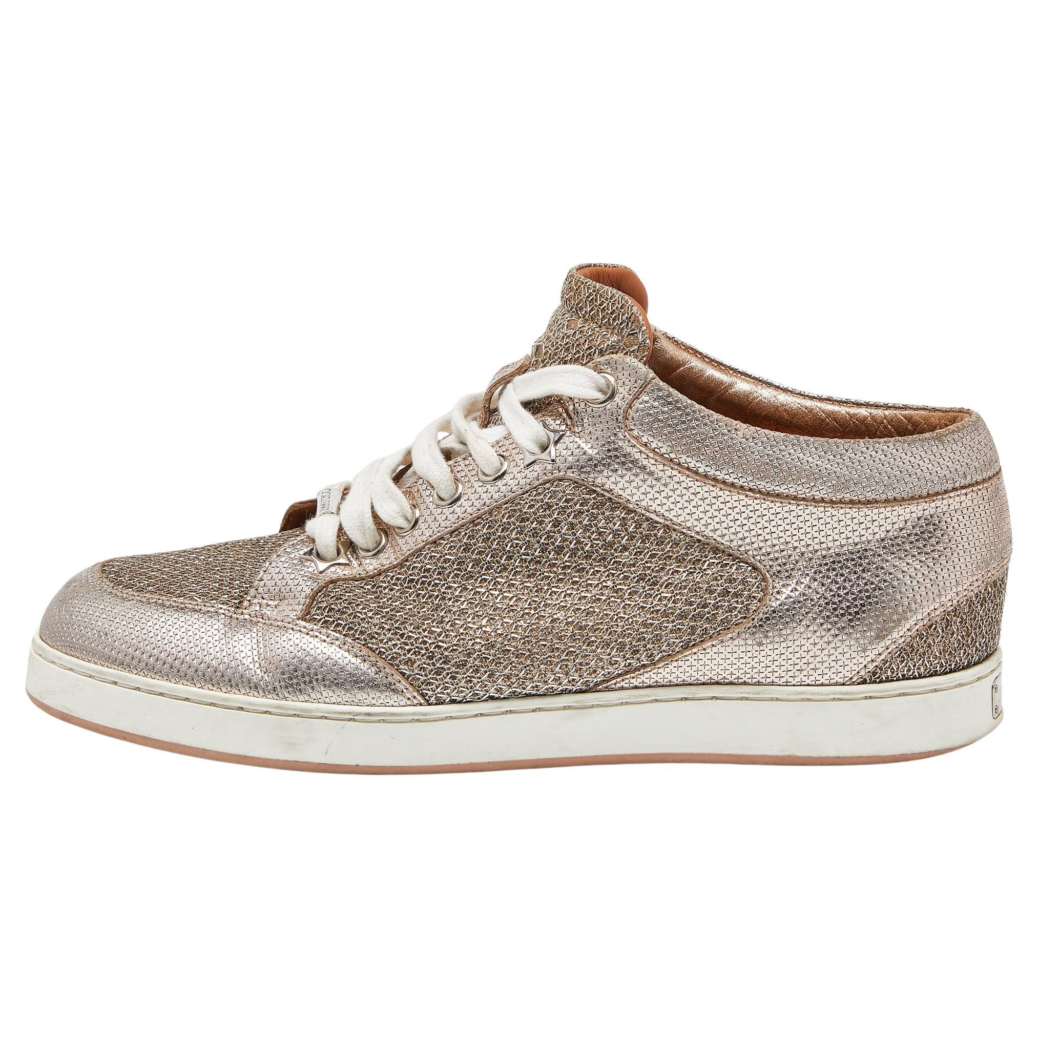 Jimmy Choo Rose Gold Leather and Glitter Miami High Top Sneakers Size 36 For Sale