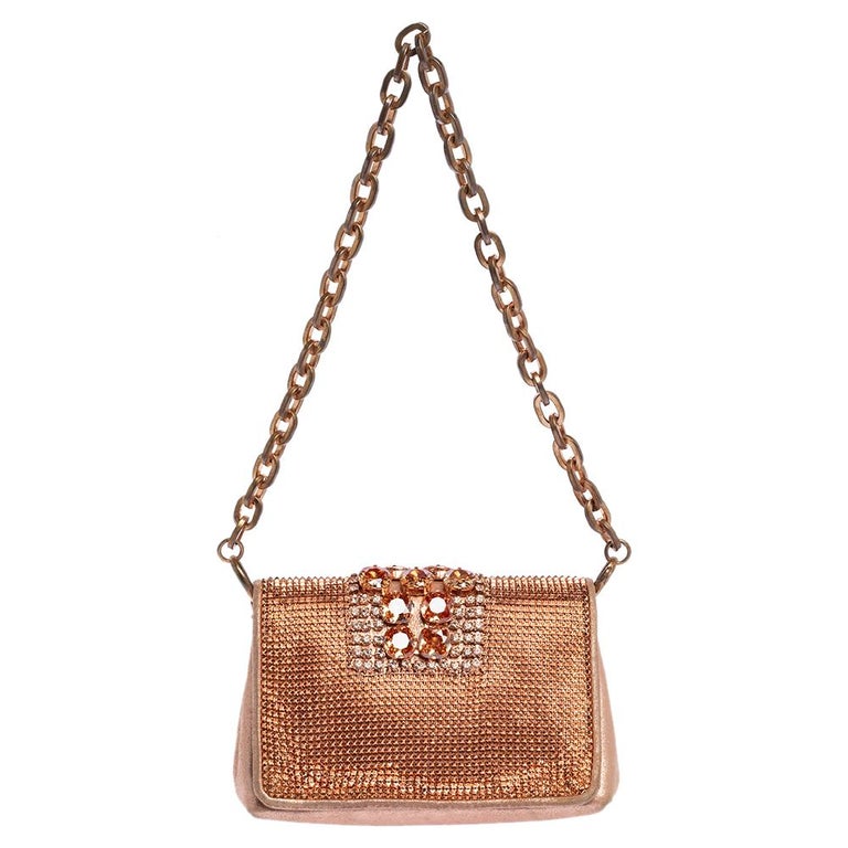 Jimmy Choo Rose Gold Leather and Metal Mesh Crystal Embellished Cecile ...