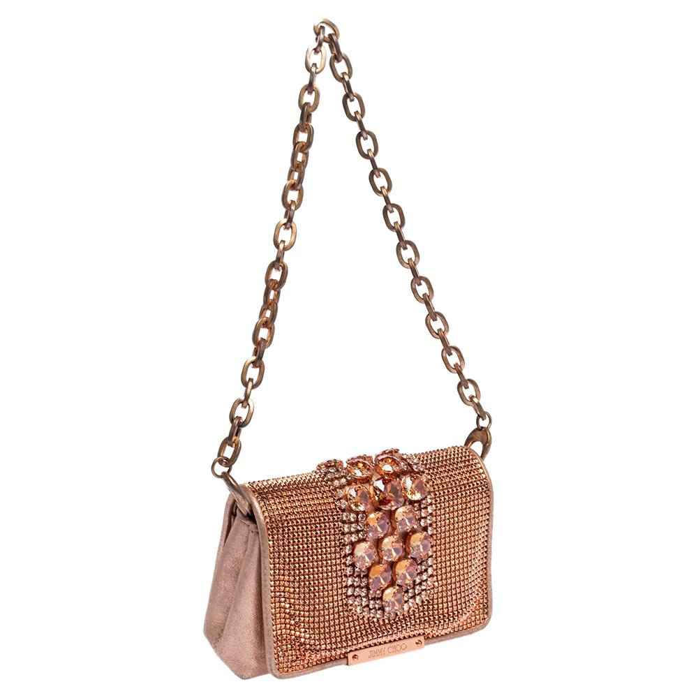 Jimmy Choo Rose Gold Leather and Metal Mesh Crystal Embellished Cecile Bag In Good Condition In Dubai, Al Qouz 2