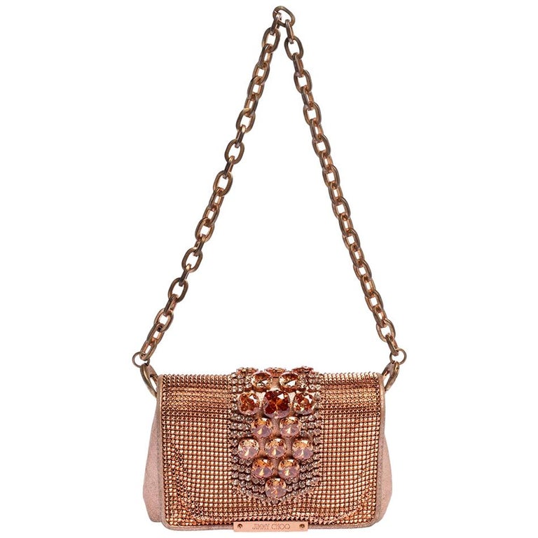 Jimmy Choo Rose Gold Leather and Metal Mesh Crystal Embellished Cecile ...