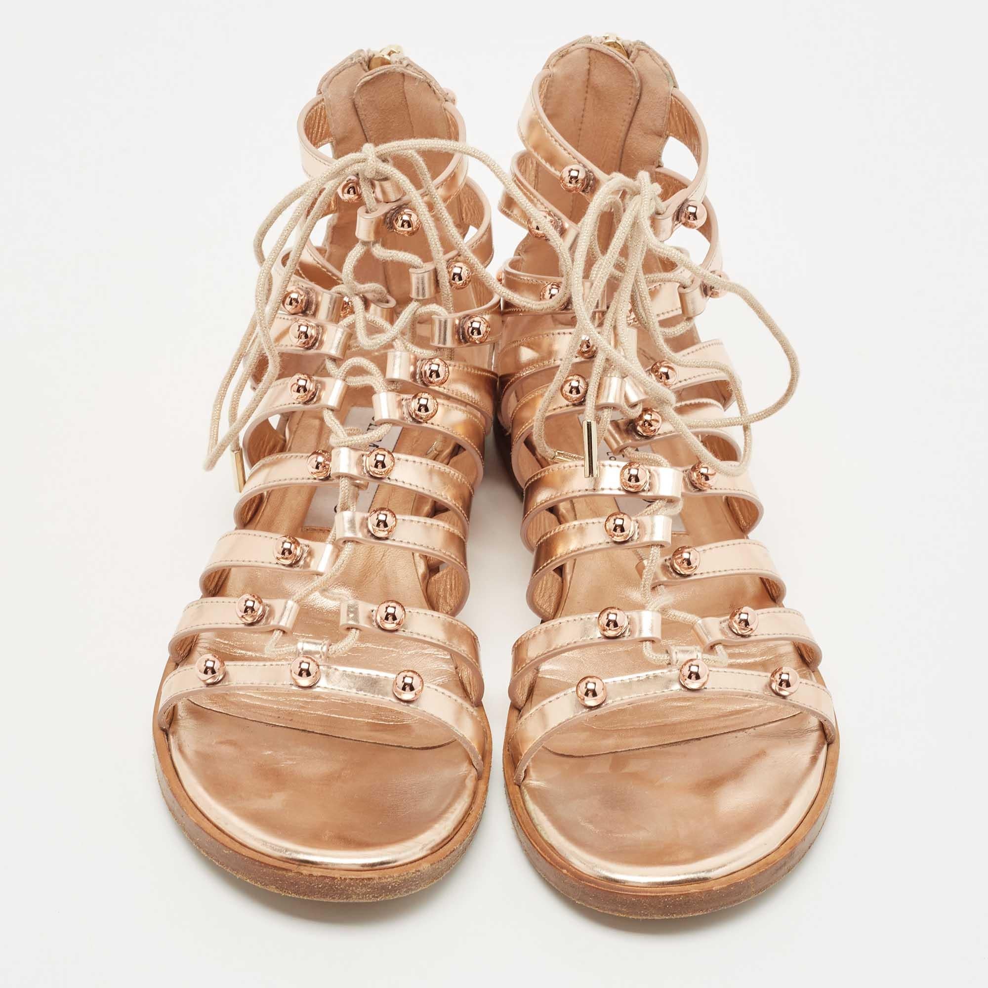 Jimmy Choo Rose Gold Leather Gigi Sandals Size 36.5 In Good Condition For Sale In Dubai, Al Qouz 2