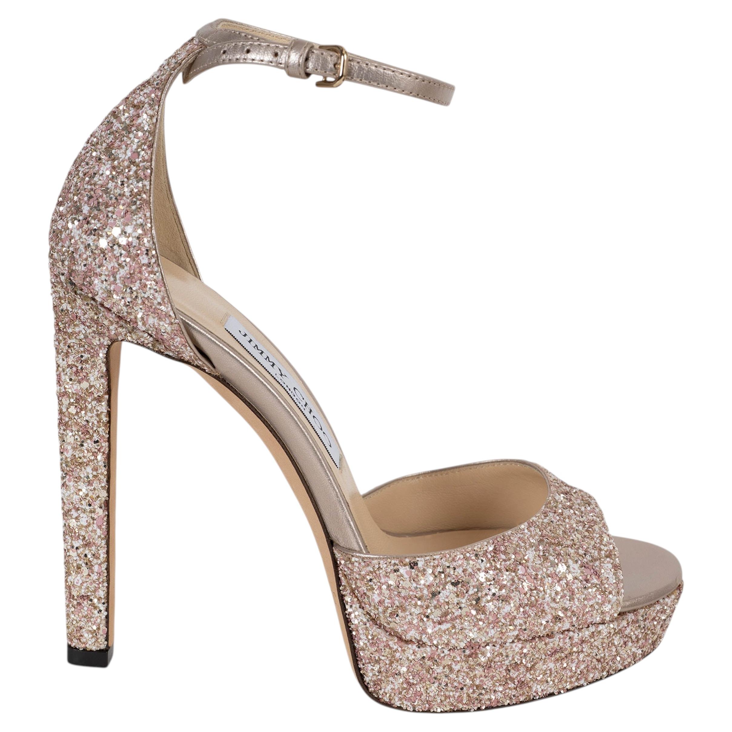 JIMMY CHOO Bois de rose MAX 150 GLITTER PLATFORM Sandales 37.5 en vente