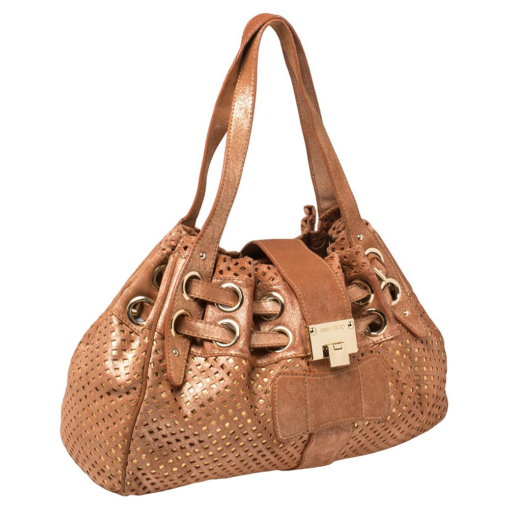 Jimmy Choo Rusty Orange/Gold Shimmer Suede Riki Perforated Tote In Fair Condition In Dubai, Al Qouz 2