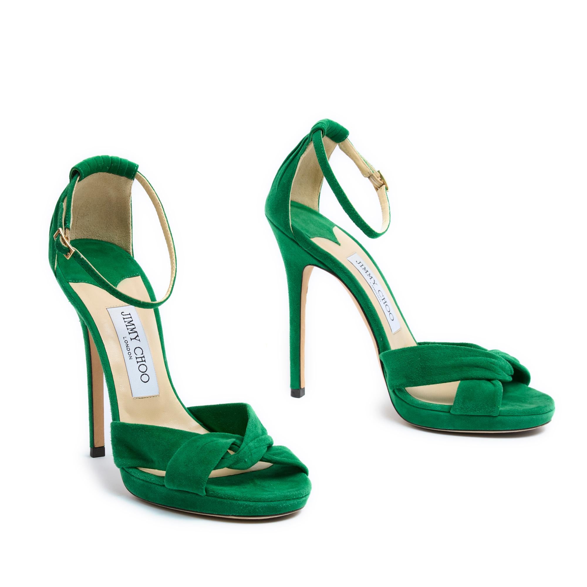 Jimmy Choo sandals in green suede, 2 wide soft crossed straps on the front of the foot, thin strap closed on the ankle with a light gold metal pin buckle, stiletto heel and small front platform. Size EU39 or UK6 and US8.5: heel 12.5 cm, front