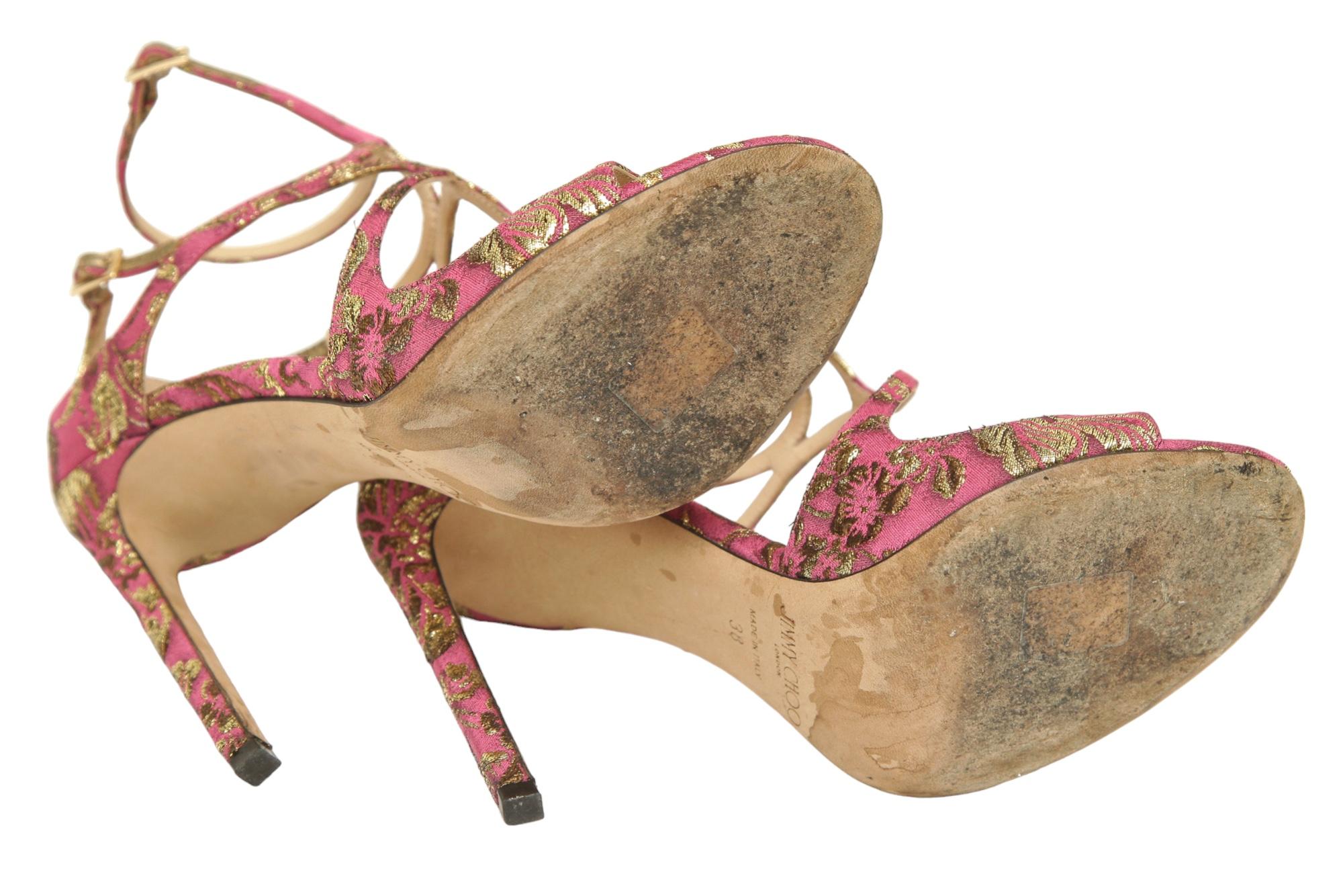 JIMMY CHOO Sandals Brocade Pink Gold Metallic LANCER Heels Leather Strappy 38 For Sale 6