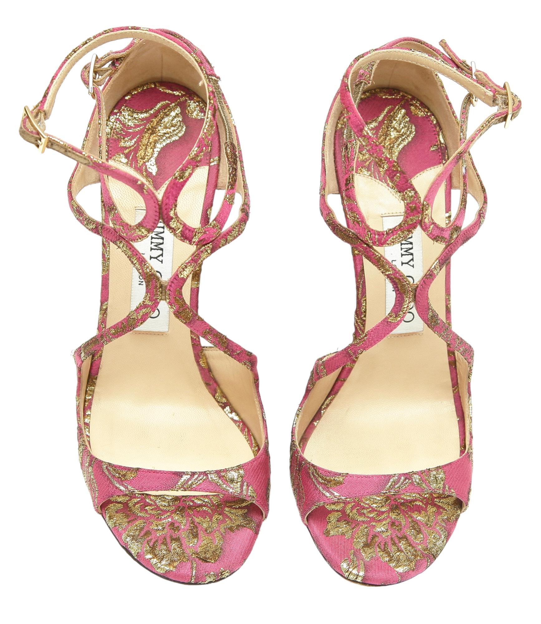 JIMMY CHOO Sandals Brocade Pink Gold Metallic LANCER Heels Leather Strappy 38 For Sale 7