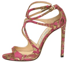 JIMMY CHOO Sandals Brocade Pink Gold Metallic LANCER Heels Leather Strappy 38