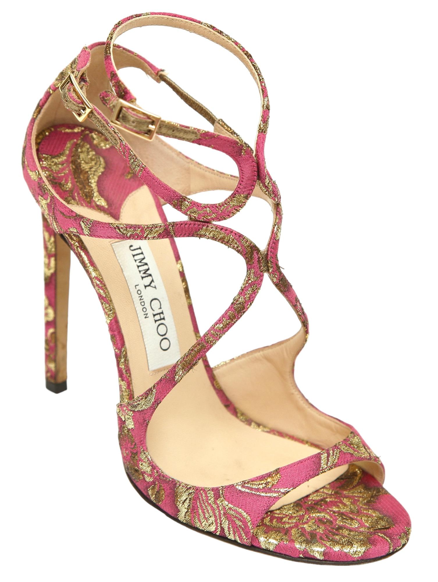 JIMMY CHOO Sandals Brocade Pink Gold Metallic LANCER Heels Leather Strappy 38 In Good Condition For Sale In Hollywood, FL