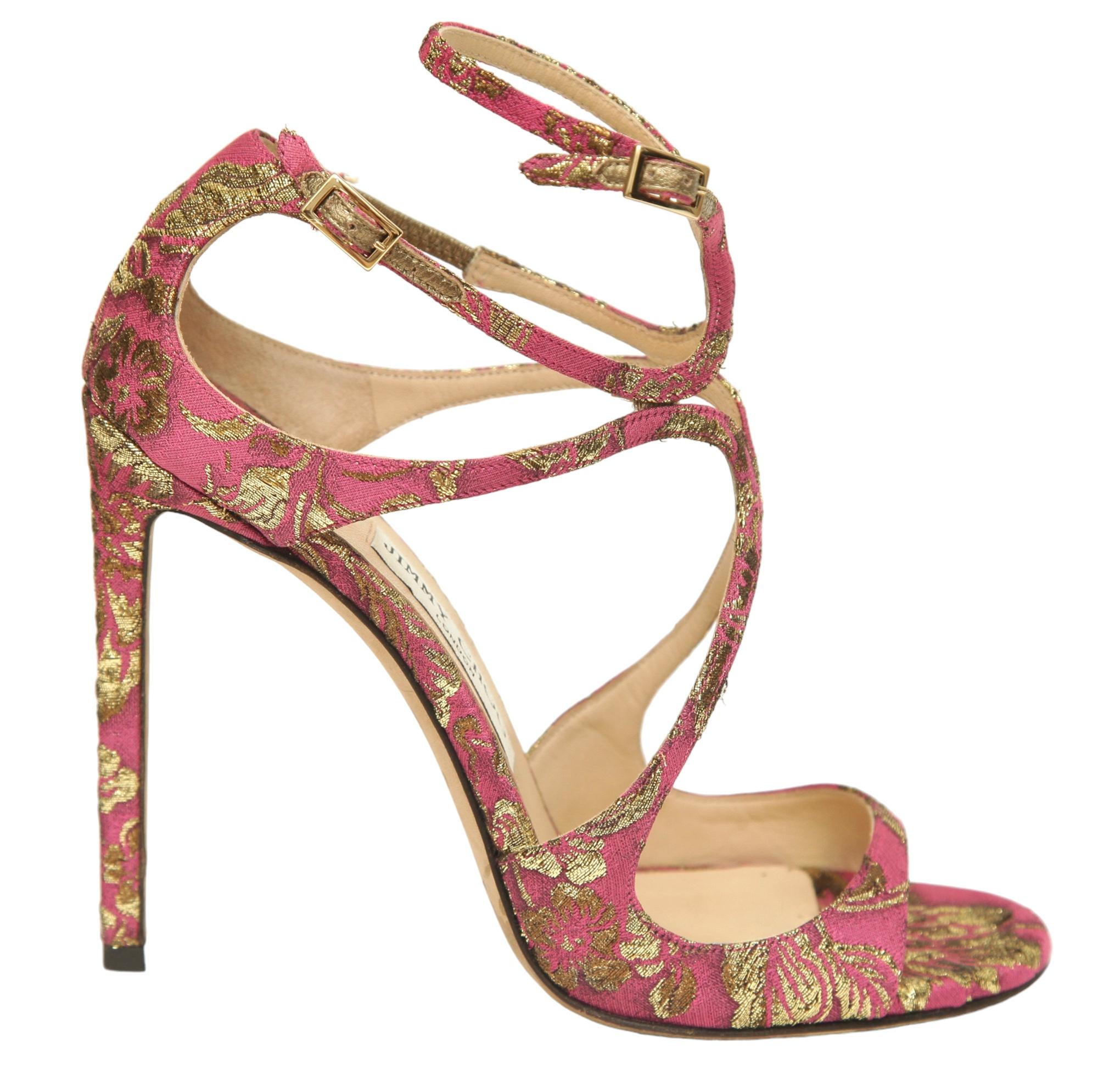Women's JIMMY CHOO Sandals Brocade Pink Gold Metallic LANCER Heels Leather Strappy 38 For Sale