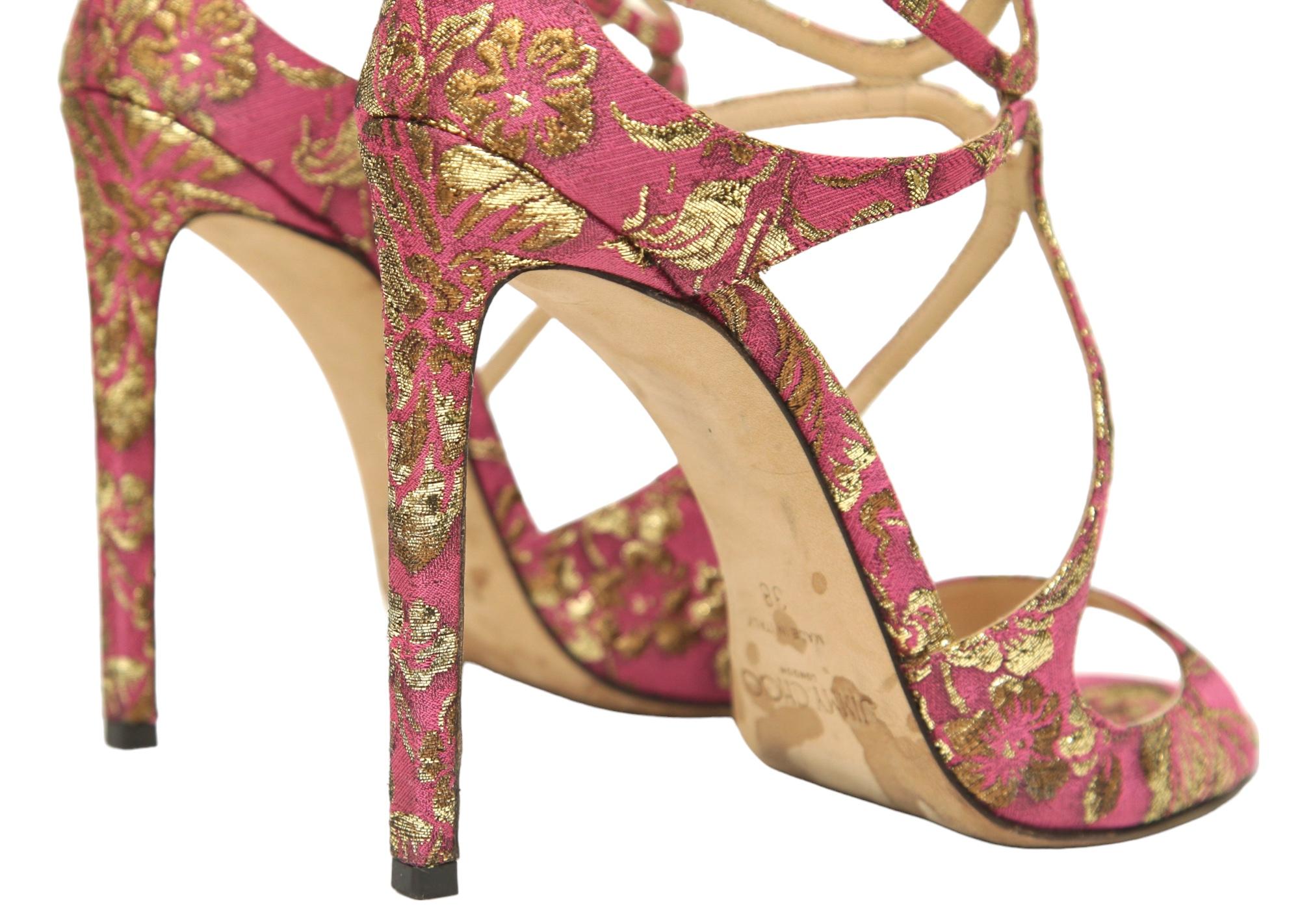 JIMMY CHOO Sandals Brocade Pink Gold Metallic LANCER Heels Leather Strappy 38 For Sale 1