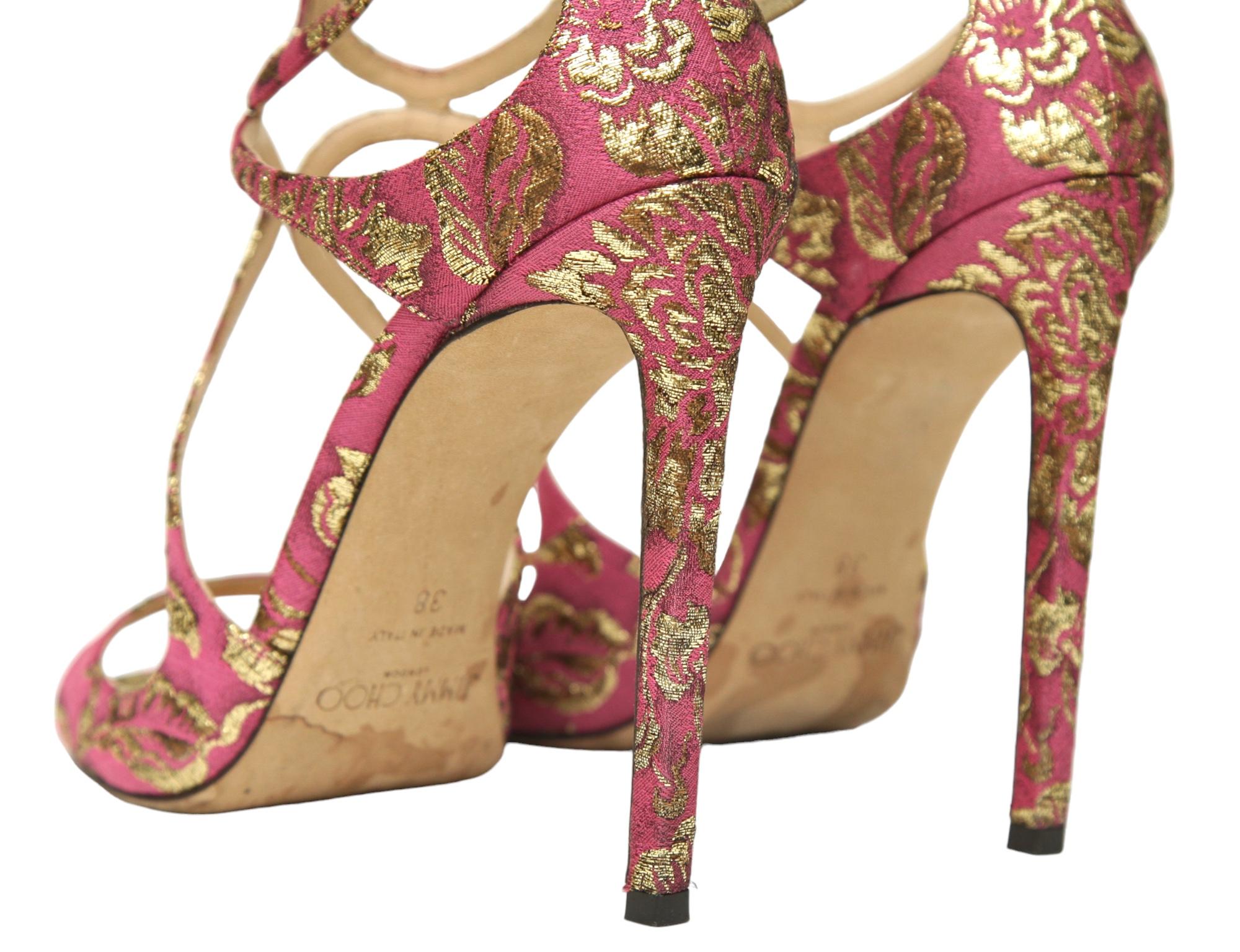 JIMMY CHOO Sandals Brocade Pink Gold Metallic LANCER Heels Leather Strappy 38 For Sale 2