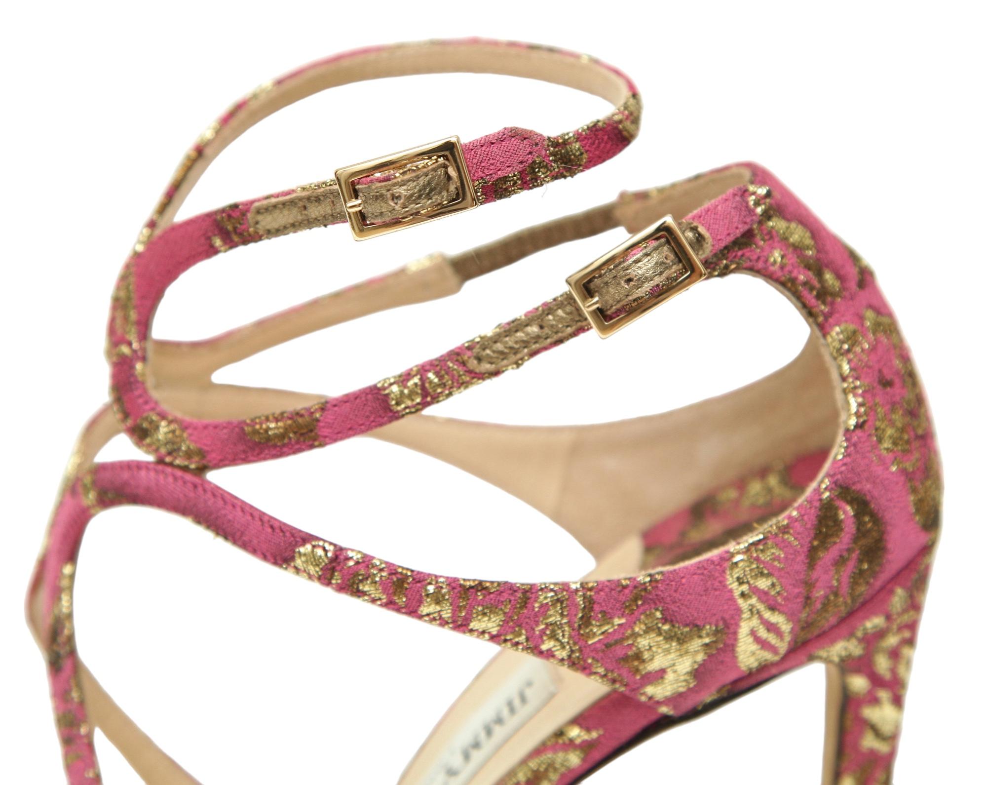 JIMMY CHOO Sandals Brocade Pink Gold Metallic LANCER Heels Leather Strappy 38 For Sale 4
