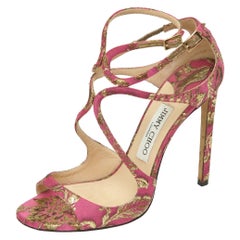 JIMMY CHOO Sandals Brocade Pink Gold Metallic LANCER Heels Leather Strappy 38