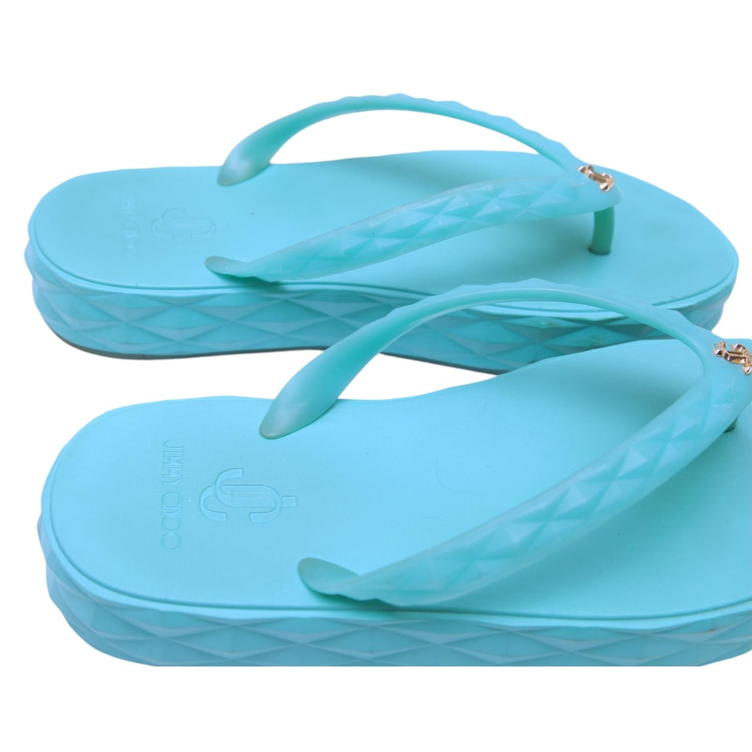 Jimmy Choo Sandali Scivoli Infradito Blu DIAMOND Perizoma Gomma Logo Piattaforma 38 in vendita 3