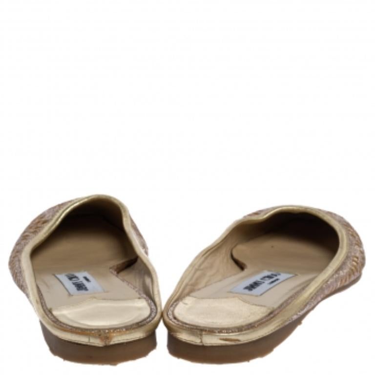 Brown Jimmy Choo Shimmery Gold Laser Cut Leather Flat Mules Size 38.5 For Sale
