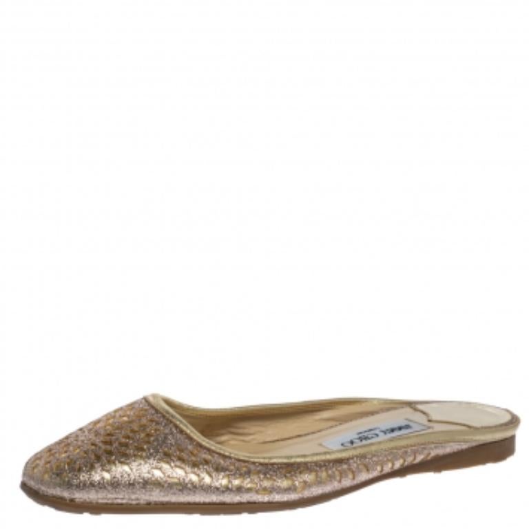 Women's Jimmy Choo Shimmery Gold Laser Cut Leather Flat Mules Size 38.5 For Sale
