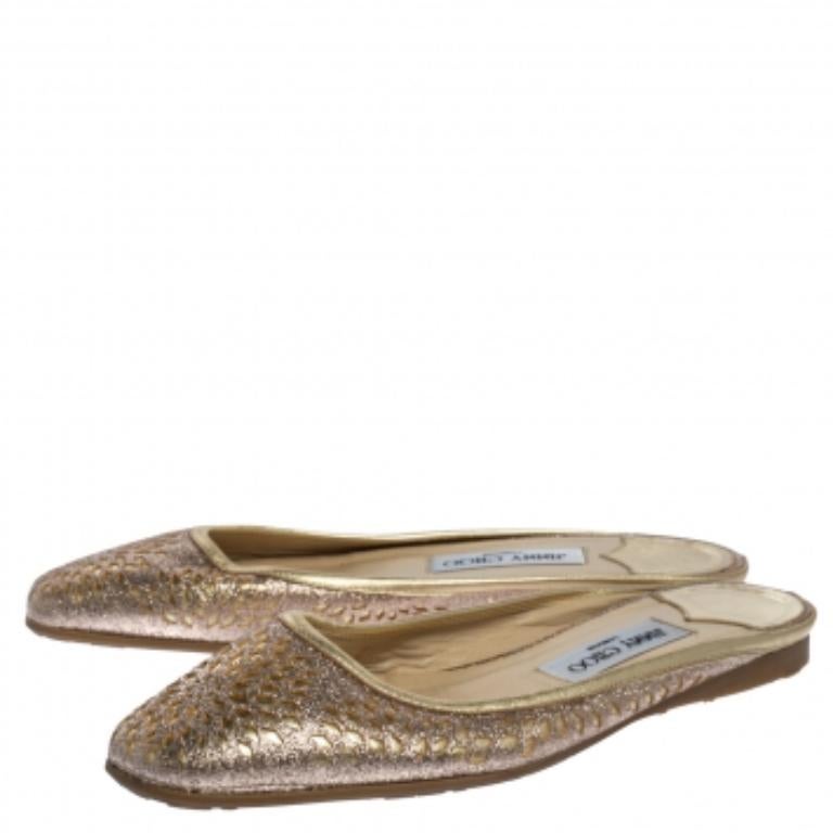 Jimmy Choo Shimmery Gold Laser Cut Leather Flat Mules Size 38.5 For Sale 1